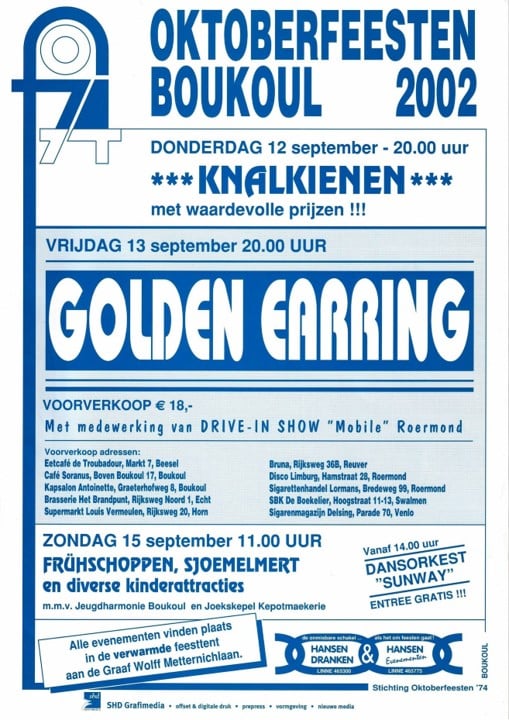 Golden Earring show poster September 13 2002 Boukoul - Feesttent